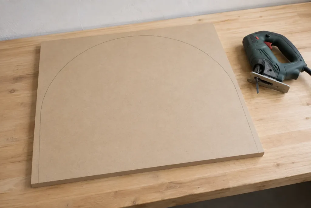 How to Plan and Build an Arched Built-In Bookcase With Display Shelves 4 MDF arch face marked for cutting during bookcase fabrication