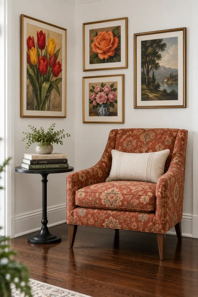 20 Cozy Book Nook Designs for Warm, Inviting Reading Spaces 14 Artistic book nook with a red-orange patterned armchair, black pedestal table, stacked books, floral gallery wall, and dark polished wood floor.