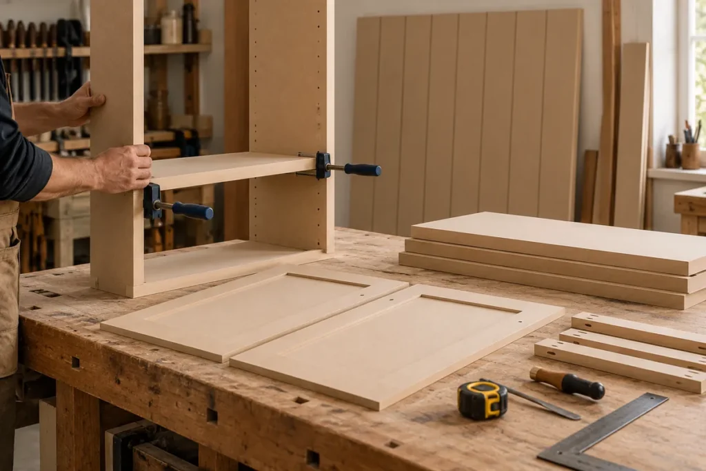 Deep Olive Alcove Shelving Beside a Wood-Burning Stove: A Practical Built-In Project Guide 5 Unpainted cabinet and shelving parts being assembled before finishing.