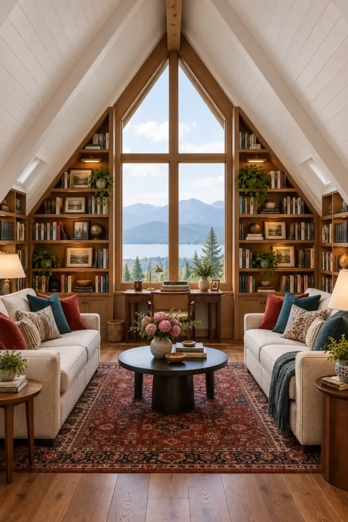 20 Cozy Book Nook Designs for Warm, Inviting Reading Spaces 18 Attic book nook with a large A-frame window, sloped built-in bookshelves, pale sofas, colorful pillows, round coffee table, and distant mountain views.