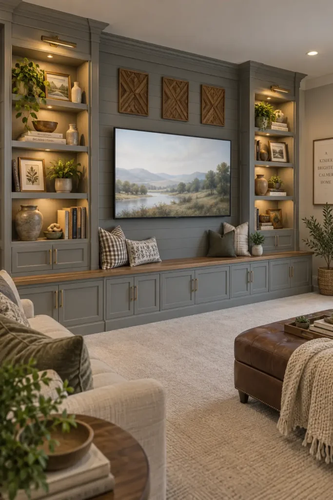 DIY Built-In Bookcases from Stock Cabinets: 8 Custom-Looking Ideas 8 Gray basement built-in entertainment wall with a centered TV, tall bookcases, wood bench seat, brass hardware, books, decor, and warm accent lights.