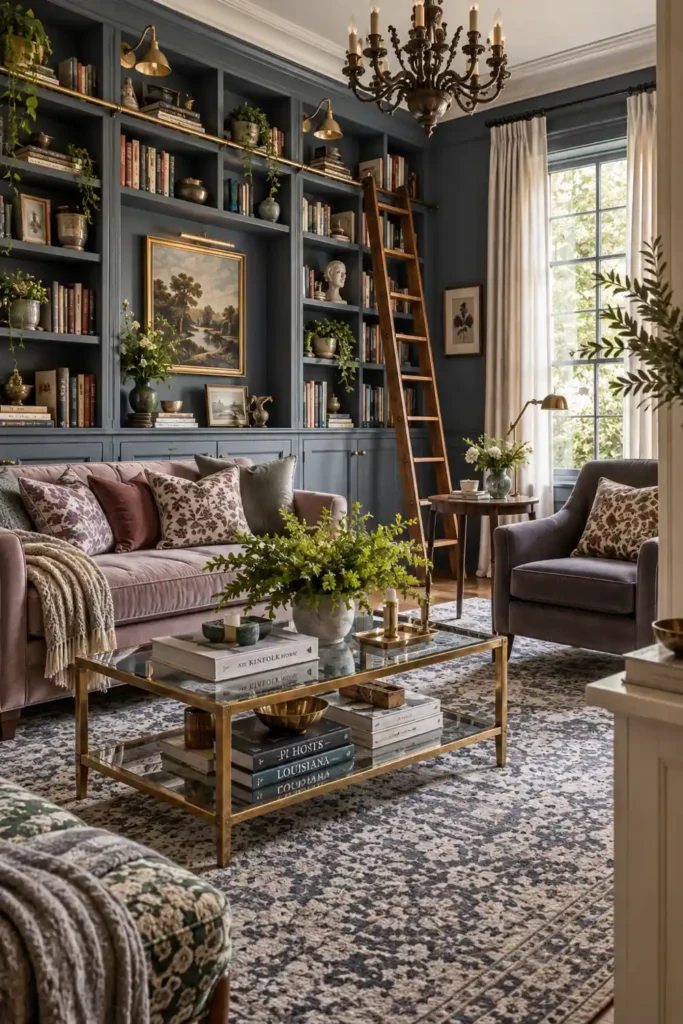 12 Book Storage and Styling Ideas for a Beautiful, Organized Home 2 Dark blue wall-to-wall built-in book storage with closed cupboards, a mauve sofa, library ladder, and glass coffee table in an elegant living room.