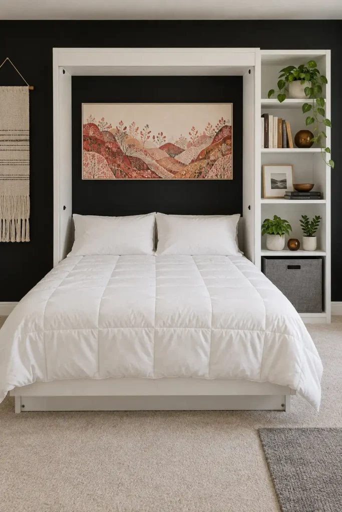 DIY Murphy Bed Makeover Ideas for a Stylish Multipurpose Room 2 White Murphy bed open against a black accent wall with white bedding, built-in shelving, plants, books, and patterned artwork.