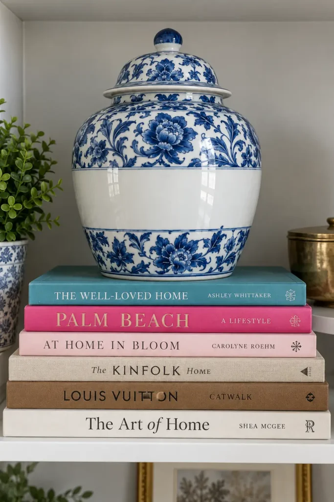 DIY Billy Bookcase Corner Built-In Ideas for a Collected Home Library 8 Blue-and-white lidded porcelain jar displayed on a colorful stack of fashion books inside a white open shelf.