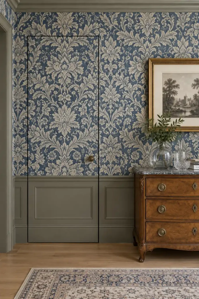 18 Secret Door Ideas That Fit Beautifully Into Your Home 14 Blue-and-cream damask wallpapered jib door with olive-gray wainscoting and a dark wood commode.