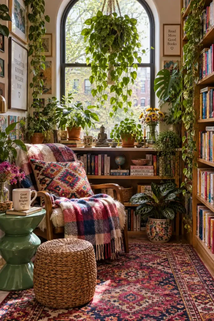 20 Cozy Book Nook Designs for Warm, Inviting Reading Spaces 2 Bohemian book nook with colorful books, an arched window, trailing houseplants, a plaid-covered chair, woven stool, and patterned rug.
Cozy Book Nook Designs