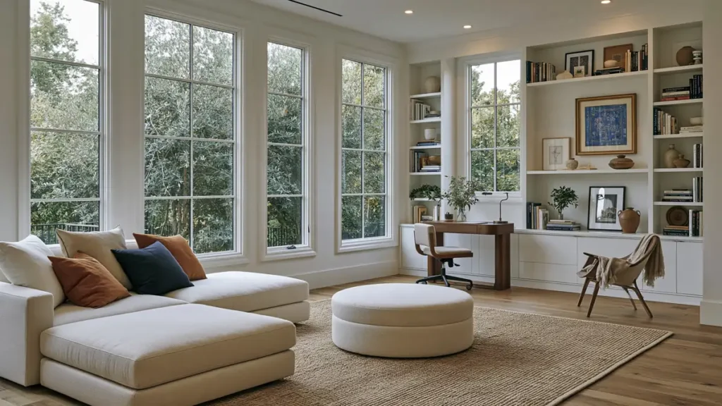 24 Bonus Room Ideas for Designing a Space You’ll Actually Use 26 Bonus Room Ideas
Warm multifunctional bonus room with cream sectional seating, built-in storage, a walnut workspace, neutral textures, and large windows overlooking trees.