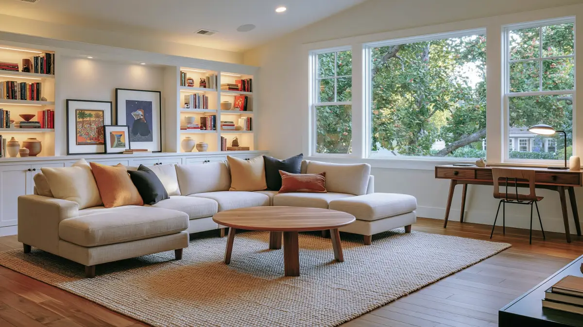 24 Bonus Room Ideas for Designing a Space You’ll Actually Use 1 Bright multifunctional bonus room with neutral sectional seating, built-in storage, a walnut workspace, warm wood flooring, and large sunlit windows.