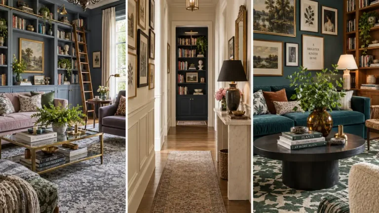 12 Book Storage and Styling Ideas for a Beautiful, Organized Home 4 Three interior scenes showing built-in book storage, hallway shelving, and styled living room bookshelves with colorful books and decor.