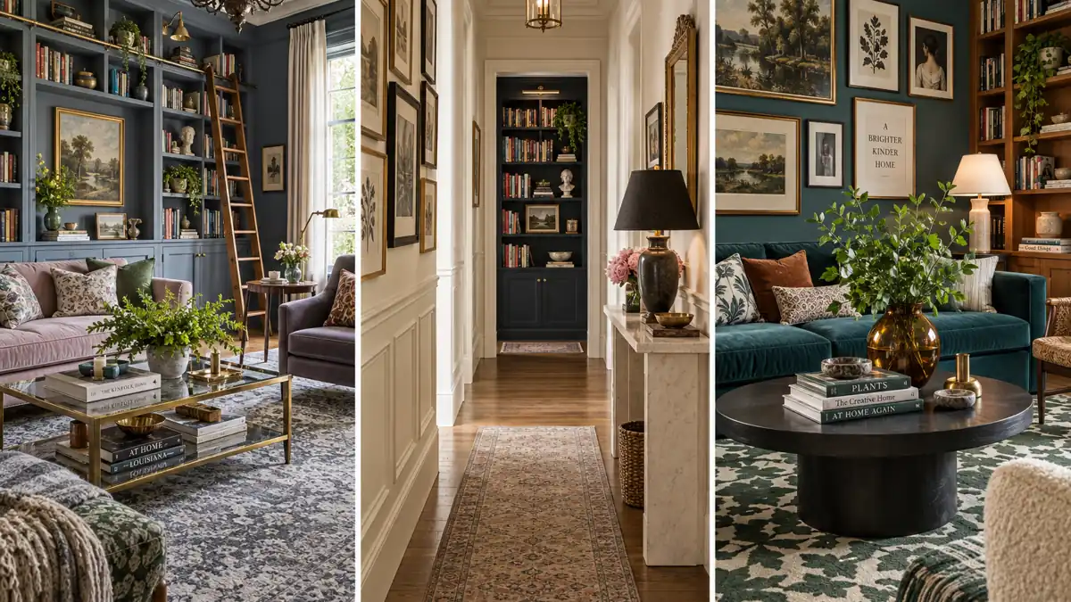 12 Book Storage and Styling Ideas for a Beautiful, Organized Home 1 Three interior scenes showing built-in book storage, hallway shelving, and styled living room bookshelves with colorful books and decor.