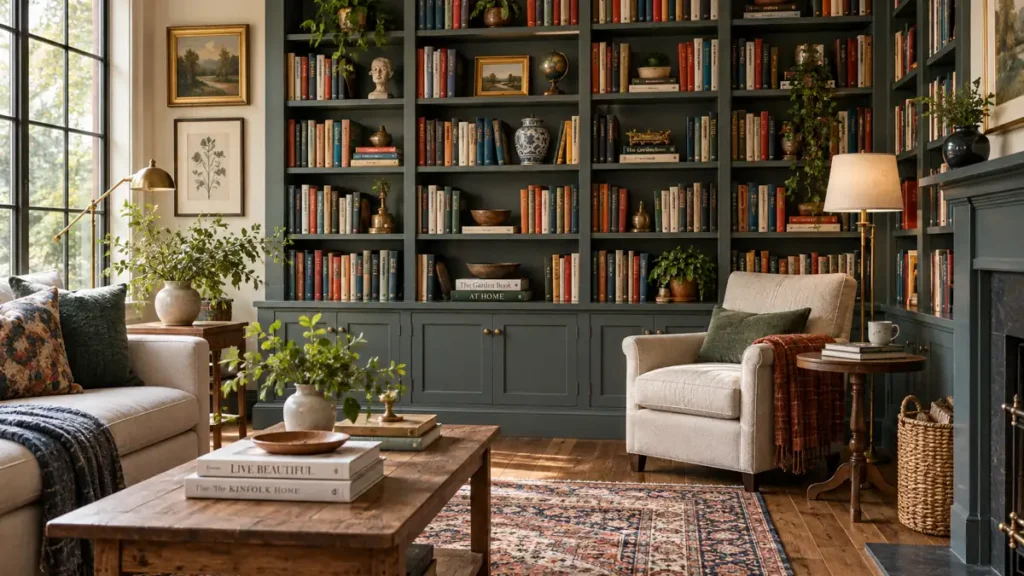 12 Book Storage and Styling Ideas for a Beautiful, Organized Home 14 Warm living room with floor-to-ceiling book storage, closed cupboards, an upholstered chair, stacked books, artwork, and soft natural daylight.