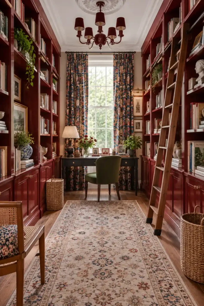 12 Book Storage and Styling Ideas for a Beautiful, Organized Home 7 Deep red home library with books spaced across the shelves, a wooden library ladder, floral curtains, and a patterned rug.