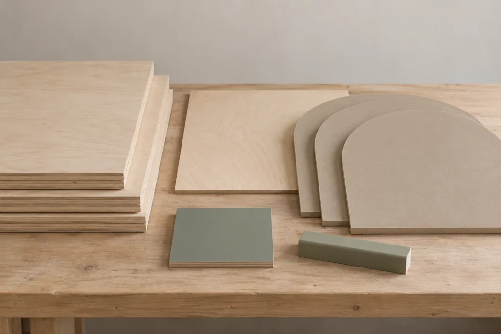 How to Plan and Build an Arched Built-In Bookcase With Display Shelves 3 Plywood, thin backing, MDF arch material, and muted sage paint sample prepared for the bookcase
