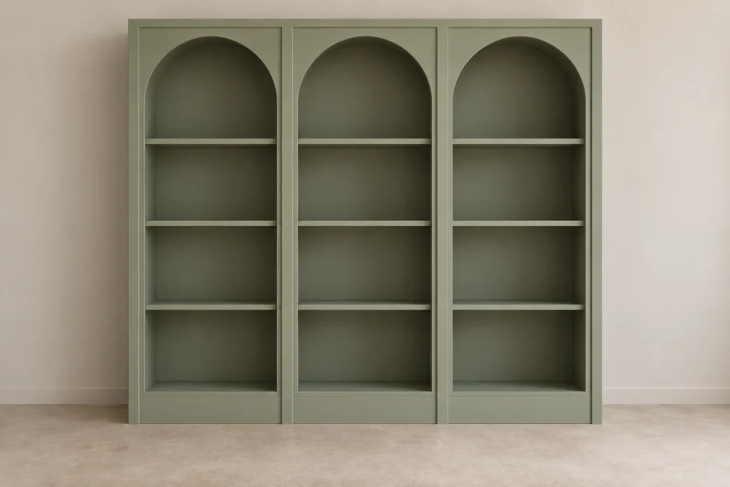 How to Plan and Build an Arched Built-In Bookcase With Display Shelves 8 Muted sage arched bookcase positioned for a final wall-fit check