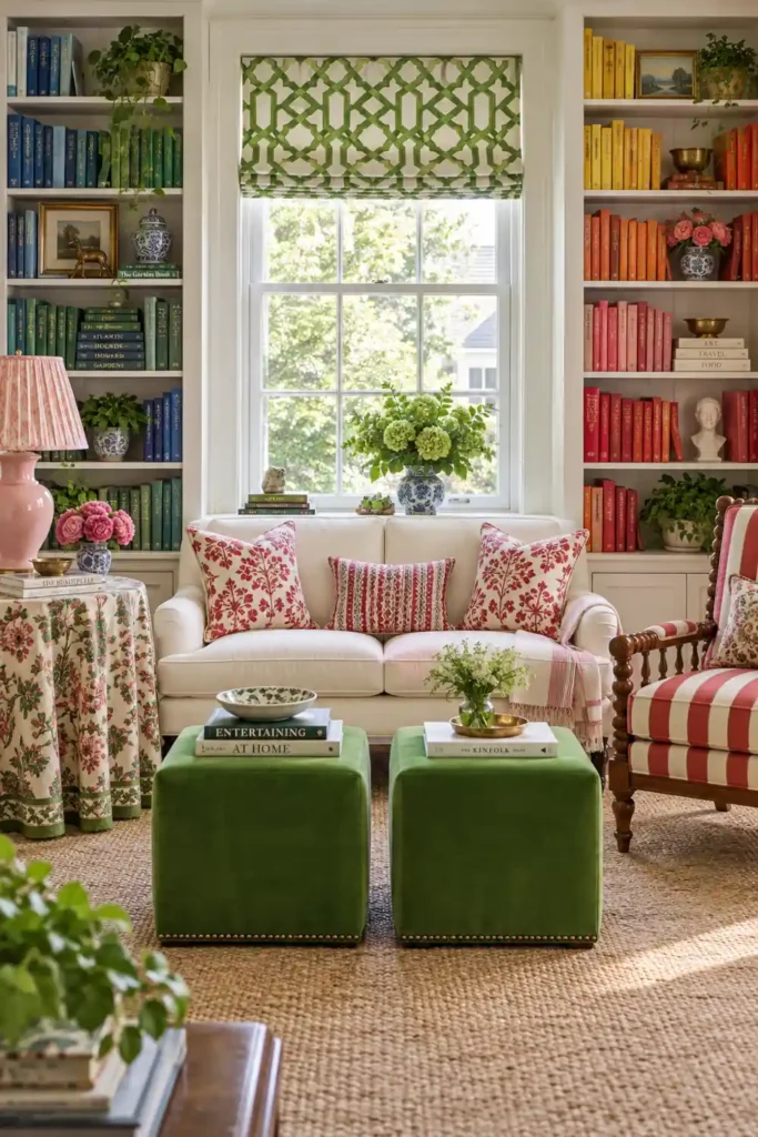 12 Book Storage and Styling Ideas for a Beautiful, Organized Home 10 Living room bookshelves arranged by spine color with blue, green, yellow, orange, pink, and red book groupings around a bright window.