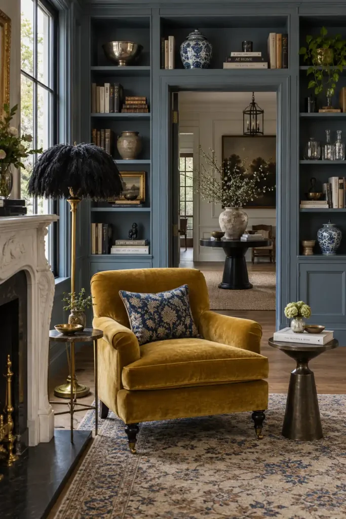 12 Book Storage and Styling Ideas for a Beautiful, Organized Home 8 Blue-gray built-in shelves mixing books with ceramics, glassware, sculptures, and decorative curios around a mustard velvet chair.