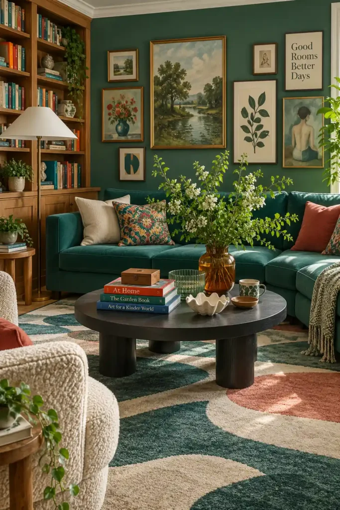 12 Book Storage and Styling Ideas for a Beautiful, Organized Home 12 Teal-green living room with warm wood bookshelves styled with orange, teal, blue, and red book spines to coordinate with the room.