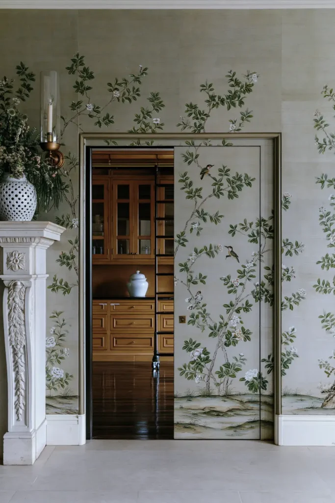 18 Secret Door Ideas That Fit Beautifully Into Your Home 11 Ochre botanical wallpapered jib door beside a white fireplace opening into a warm wood pantry.