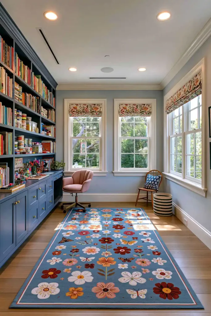 24 Bonus Room Ideas for Designing a Space You’ll Actually Use 5 Colorful craft room with vivid blue built-ins, open supply shelving, floral window shades, a pink chair, and a turquoise patterned rug.