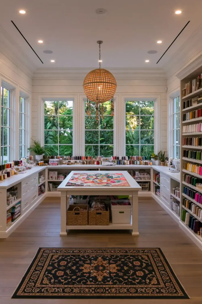 24 Bonus Room Ideas for Designing a Space You’ll Actually Use 19 Bright sewing and quilting room with tall windows, organized thread storage, a central worktable, colorful fabric, and a patterned rug.