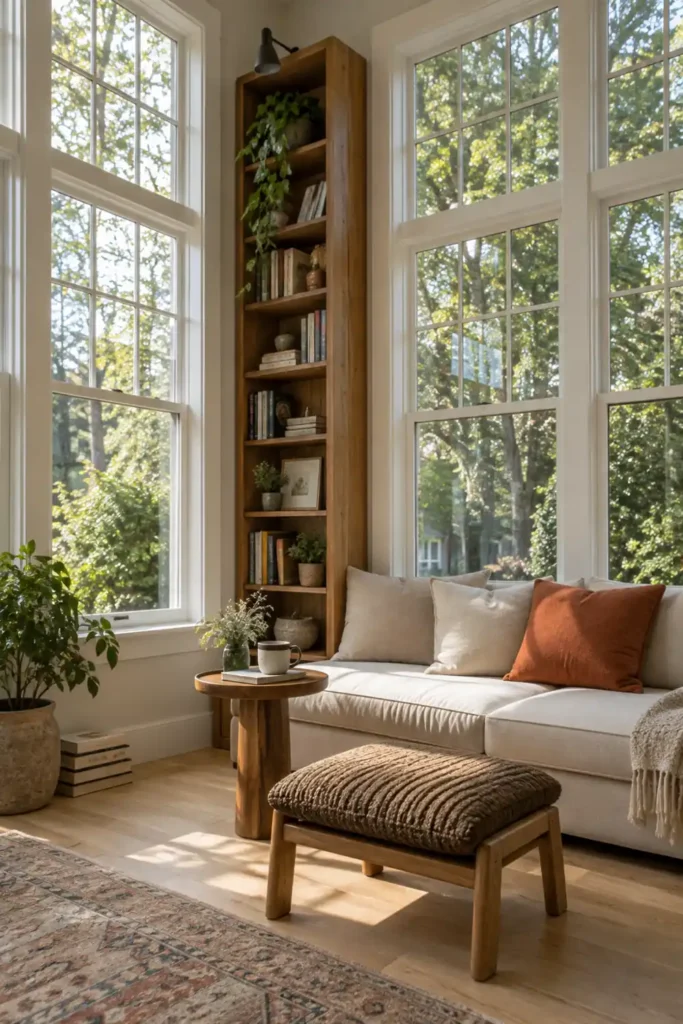 20 Cozy Book Nook Designs for Warm, Inviting Reading Spaces 11 Bright book nook with large multi-pane windows, leafy outdoor views, pale cushioned seating, a narrow wood bookcase, round table, and textured footstool.