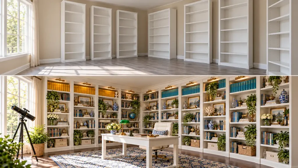 DIY Billy Bookcase Corner Built-In Ideas for a Collected Home Library 14 Collected white library shelf vignette with turquoise-and-white ceramics, a white gnome, pale flowers, silver-toned decor, and a blue cookbook.