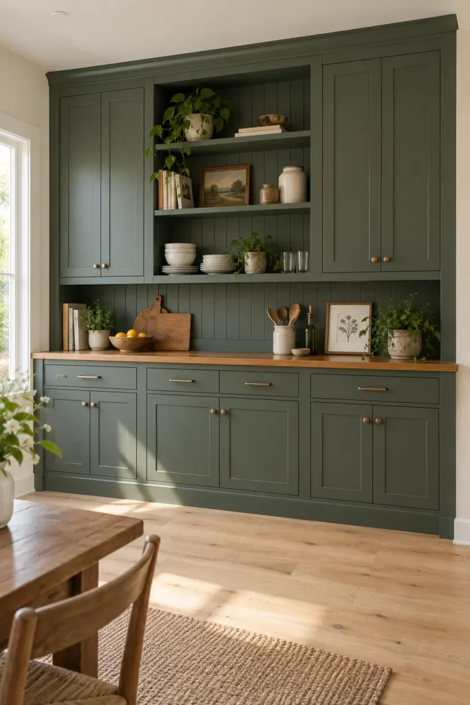 DIY Built-In Bookshelves on a Budget: 7 Practical Ideas for Custom Storage 6 Deep green stock kitchen cabinets finished with trim to create the look of custom built-in storage.