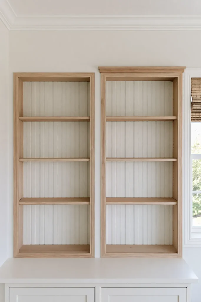 DIY Built-Ins Around Window: 5 Architectural Ideas to Inspire Your Space 5 Before-and-after close-up of an unfinished built-in shelf showing pale wood shelves, grooved backing, and added top trim.