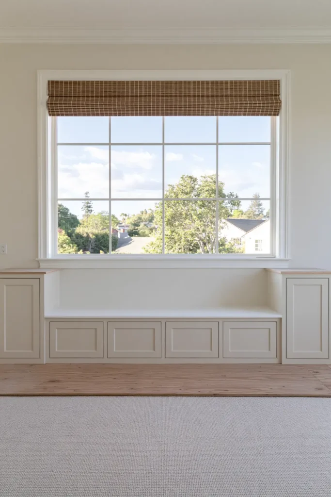 DIY Built-Ins Around Window: 5 Architectural Ideas to Inspire Your Space 3 Raw wood built-in storage base under a gridded window with tall side cabinets, four center cabinet fronts, and a white window-seat surface.