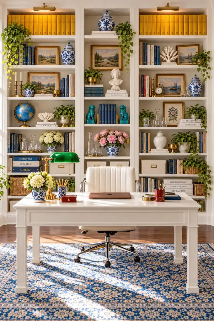DIY Billy Bookcase Corner Built-In Ideas for a Collected Home Library 5 Central white desk with a white swivel chair and green banker lamp surrounded by tall white built-in library shelves filled with books and decor.