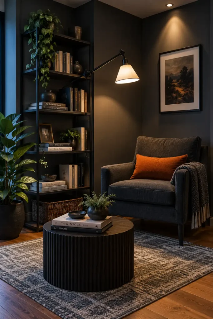 20 Cozy Book Nook Designs for Warm, Inviting Reading Spaces 7 Modern urban reading corner with charcoal walls, black metal shelving, dark gray armchair, orange cushion, reading lamp, geometric rug, and potted plant.