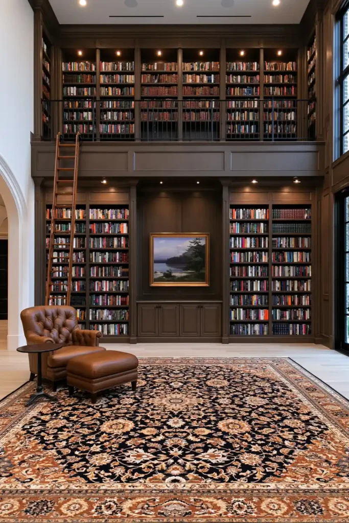 24 Bonus Room Ideas for Designing a Space You’ll Actually Use 10 Traditional bonus room library with double-height wood bookcases, a rolling ladder, tufted leather chair and ottoman, and an ornate patterned rug.