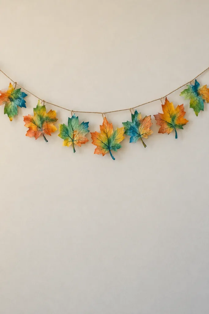 DIY Coffee Filter Leaves for Fall Decor: 3 Easy Display Ideas 3 Watercolor coffee filter leaves strung into a colorful handmade garland for a fall wall accent.