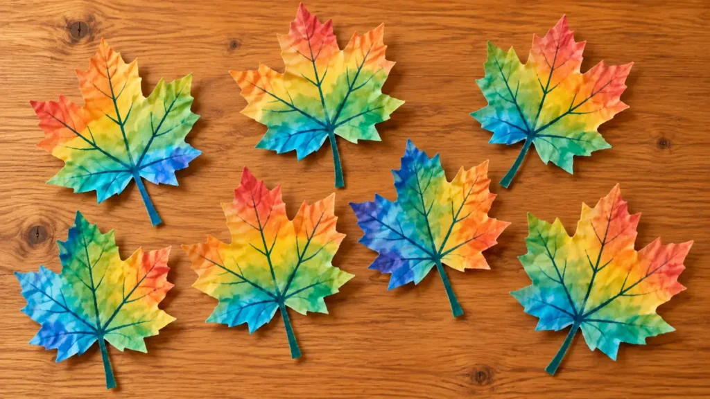 DIY Coffee Filter Leaves for Fall Decor: 3 Easy Display Ideas 5 Finished watercolor coffee filter leaves arranged on a warm wood surface as a colorful handmade fall decor display.