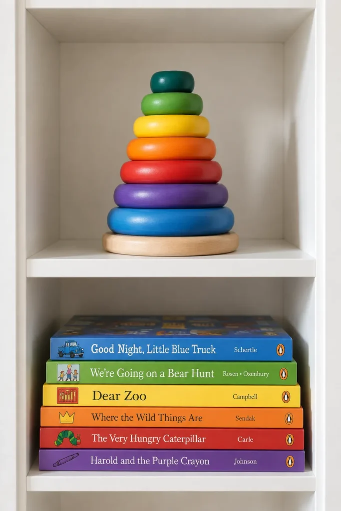 DIY Billy Bookcase Corner Built-In Ideas for a Collected Home Library 12 Narrow white children's shelf niche with a colorful rainbow stacking toy and a bright stack of children's books.