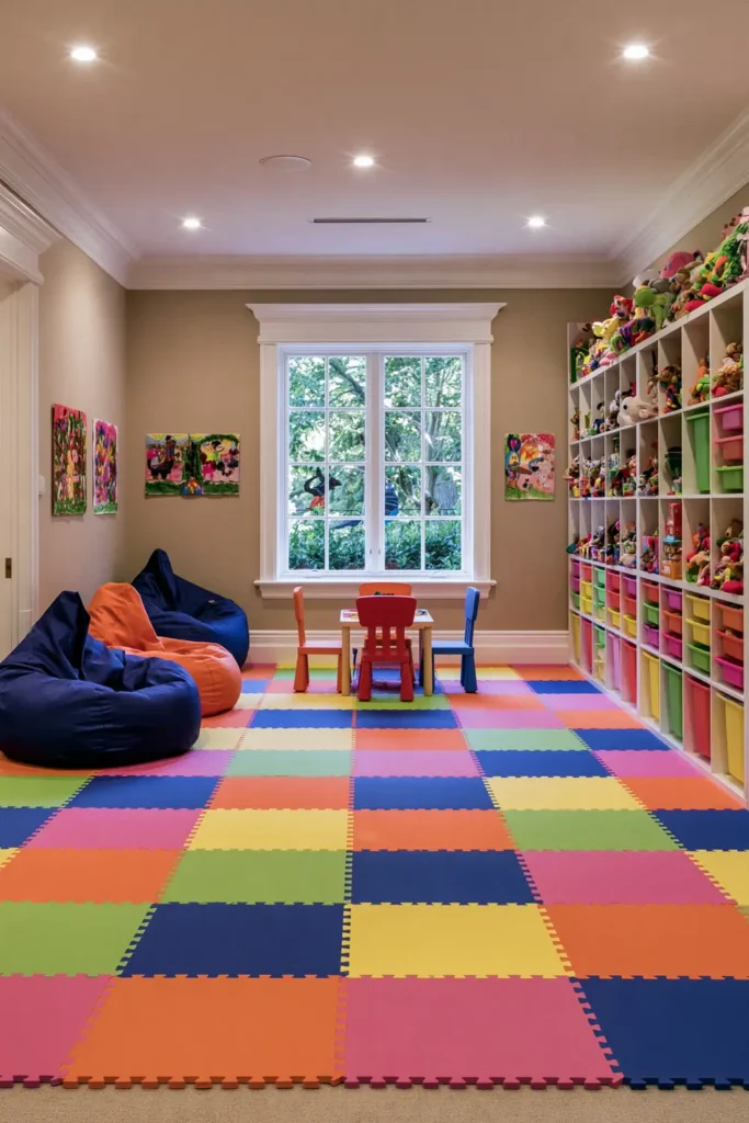 24 Bonus Room Ideas for Designing a Space You’ll Actually Use 11 Colorful kids’ playroom with bright foam floor tiles, beanbag seating, toy cubbies, a small activity table, and wall art.