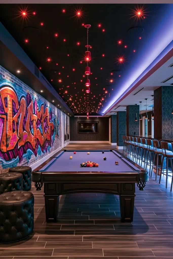 24 Bonus Room Ideas for Designing a Space You’ll Actually Use 6 Dark bonus room game space with a purple-felt pool table, vivid graffiti mural, black stools, and red and purple accent lighting.