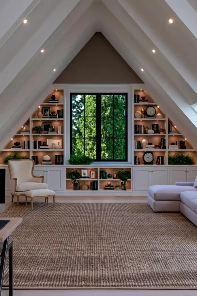 24 Bonus Room Ideas for Designing a Space You’ll Actually Use 24 Airy attic hobby room with sloped ceilings, built-in shelving, a cream armchair, pale gray seating, a desk, and a large window.