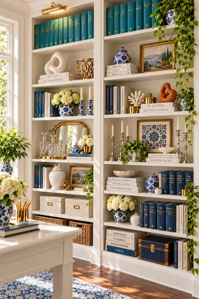 DIY Billy Bookcase Corner Built-In Ideas for a Collected Home Library 13 White built-in library shelves with a coordinated turquoise book series across the upper shelf and colorful collected decor below.