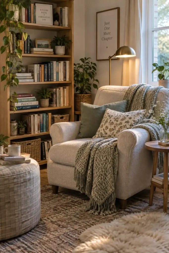 20 Cozy Book Nook Designs for Warm, Inviting Reading Spaces 17 Cottage-style reading nook with a comfortable chair, light wood bookshelf, knit throws, soft pillows, potted plants, and gentle natural light.