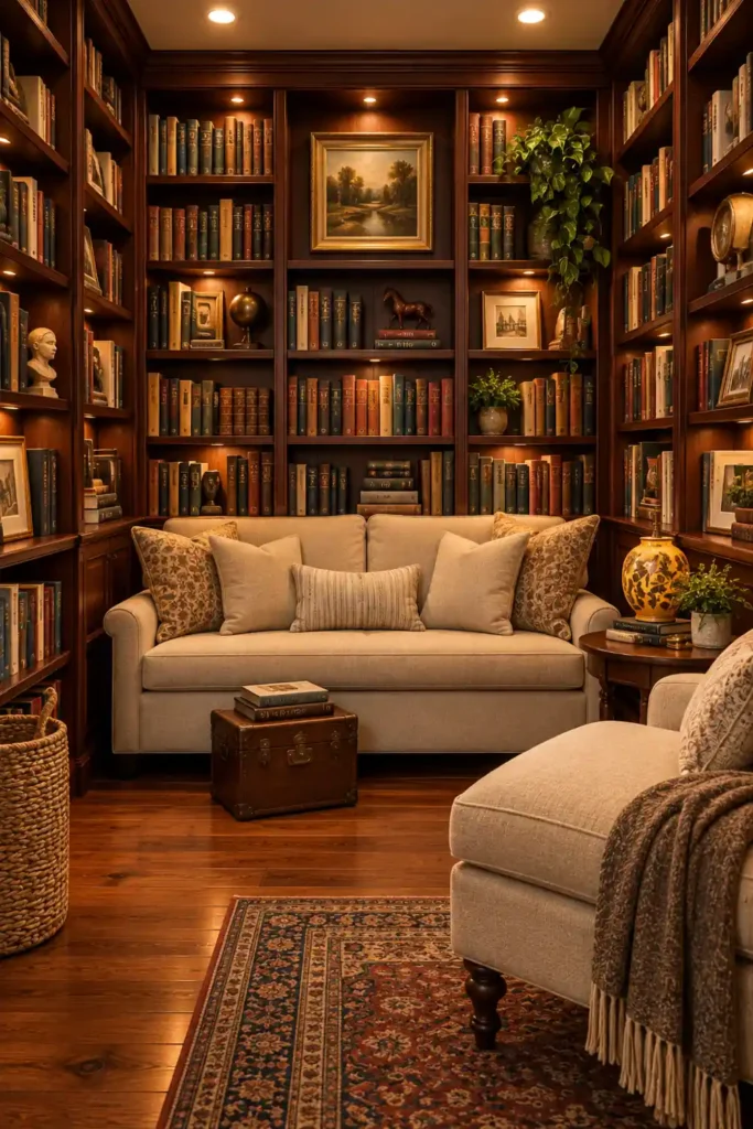 20 Cozy Book Nook Designs for Warm, Inviting Reading Spaces 16 Cozy basement library with dark wrap-around bookshelves, beige seating, warm recessed lighting, hardwood floors, a woven basket, and densely packed books.