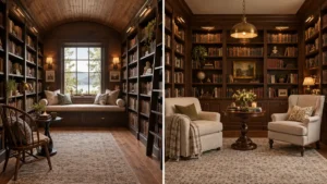 Two cozy book nook interiors with dark wood bookshelves, cushioned seating, warm lighting, pale rugs, and inviting library-style reading spaces.