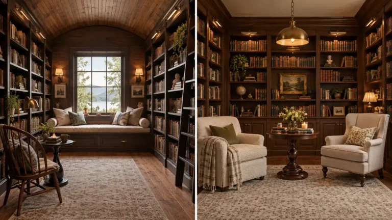 20 Cozy Book Nook Designs for Warm, Inviting Reading Spaces 5 Two cozy book nook interiors with dark wood bookshelves, cushioned seating, warm lighting, pale rugs, and inviting library-style reading spaces.