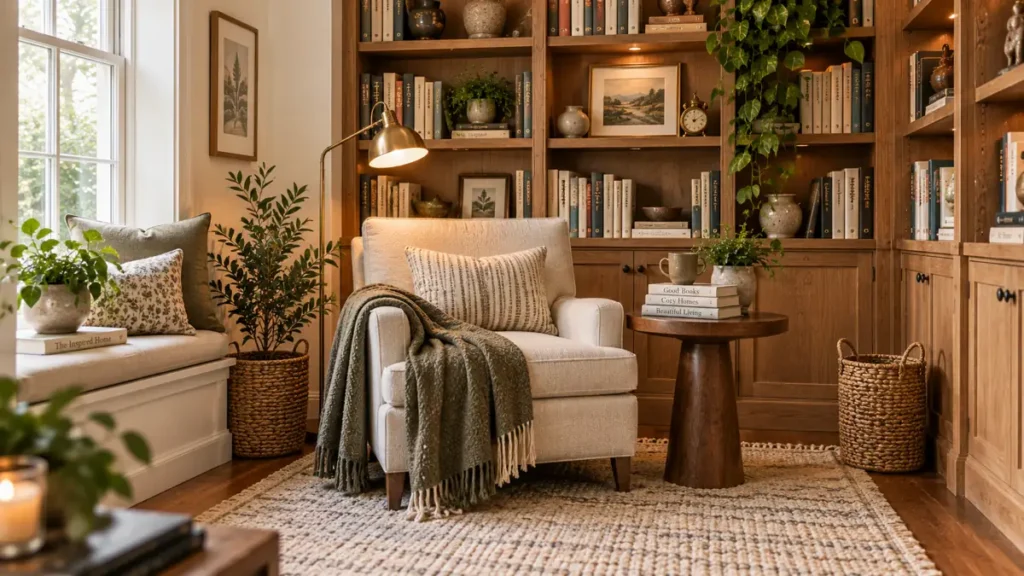 20 Cozy Book Nook Designs for Warm, Inviting Reading Spaces 22 Warm cozy book nook with an upholstered chair, built-in bookshelves, knit throw, wooden side table, potted plants, woven rug, and soft natural light.