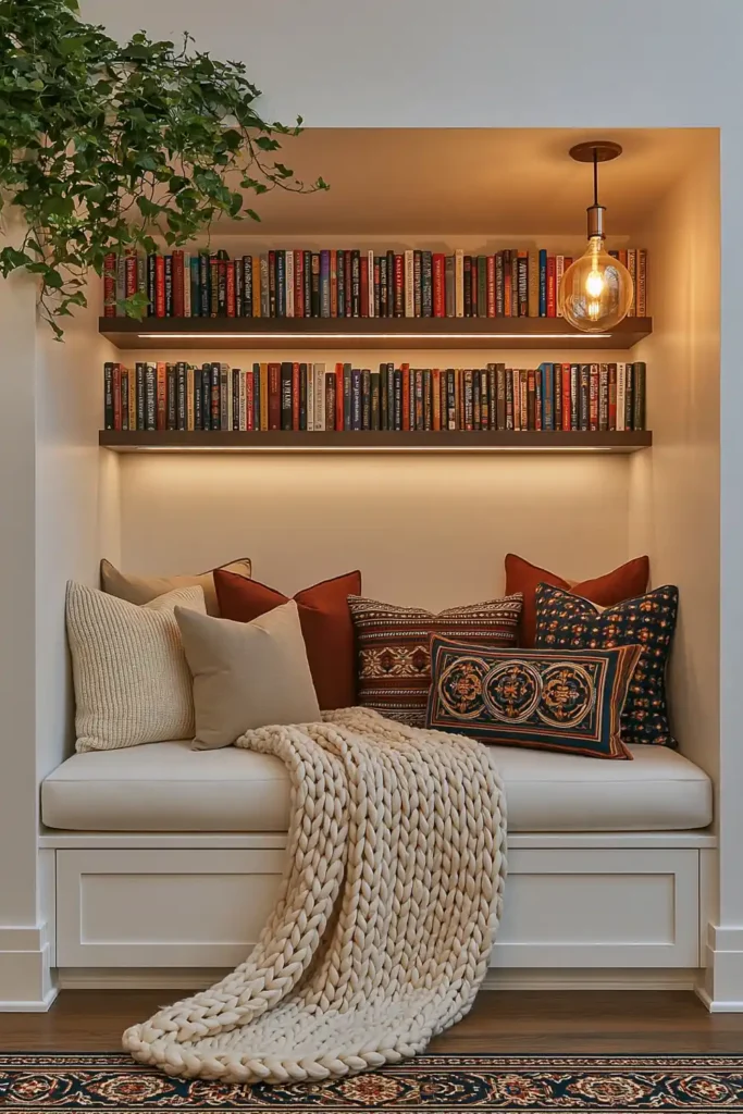 24 Bonus Room Ideas for Designing a Space You’ll Actually Use 13 Cozy reading nook with a built-in white bench, layered neutral pillows, bookshelves, a chunky knit throw, and warm lighting.