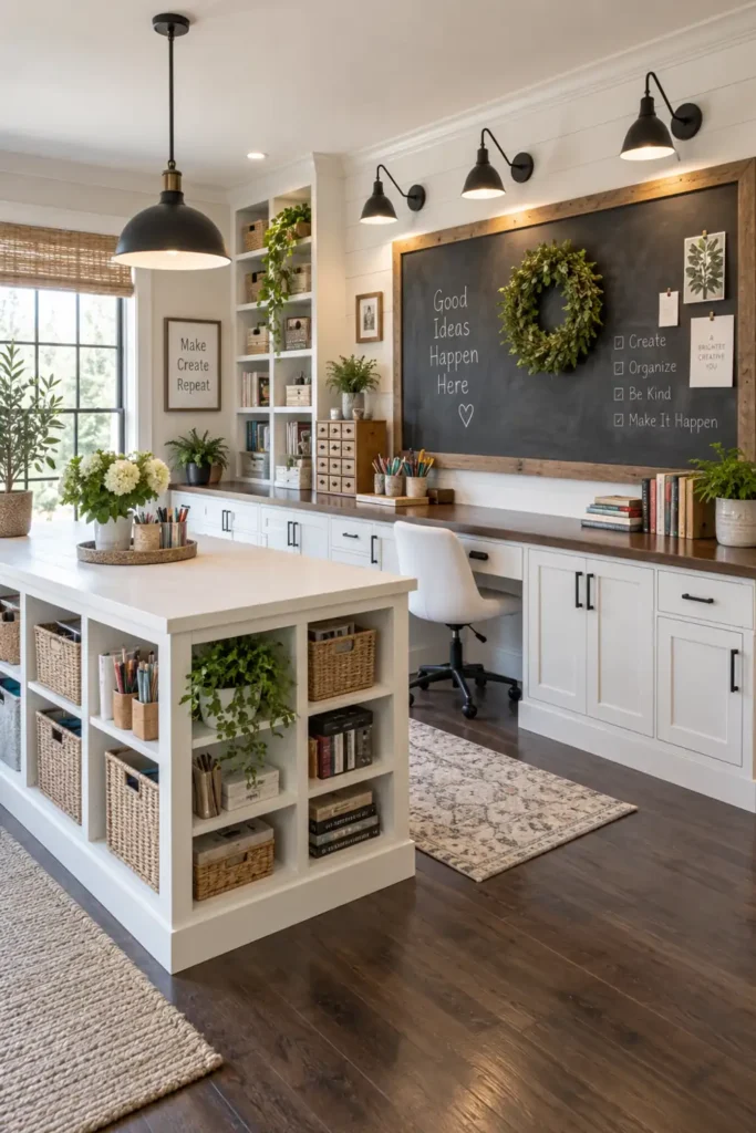DIY Built-In Bookcases from Stock Cabinets: 8 Custom-Looking Ideas 3 Bright craft room with white built-in cabinets, a dark countertop, rolling desk chair, chalkboard wall, worktable, baskets, and plants.