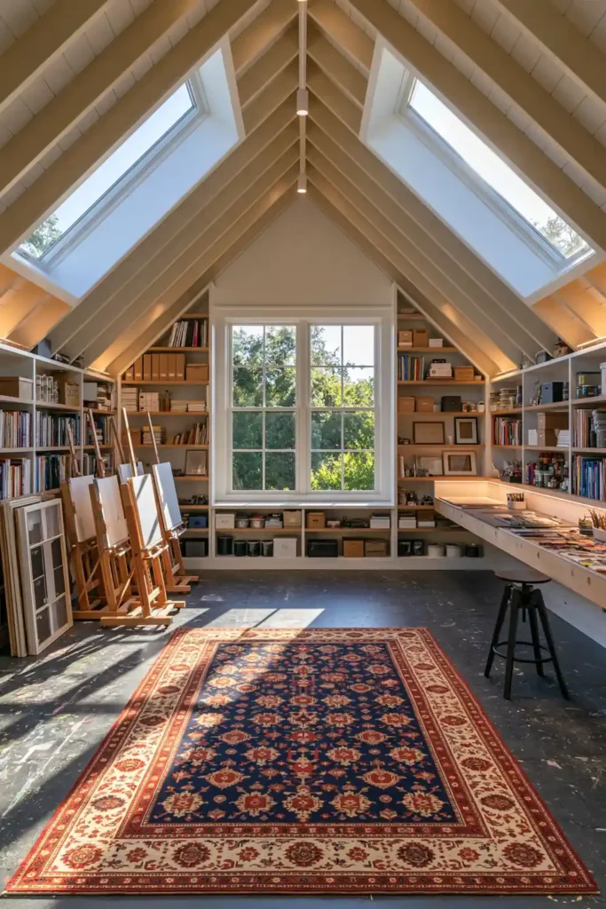 24 Bonus Room Ideas for Designing a Space You’ll Actually Use 9 Sunlit attic art studio with skylights, easels, supply-filled shelving, a long workbench, and a vintage patterned rug.