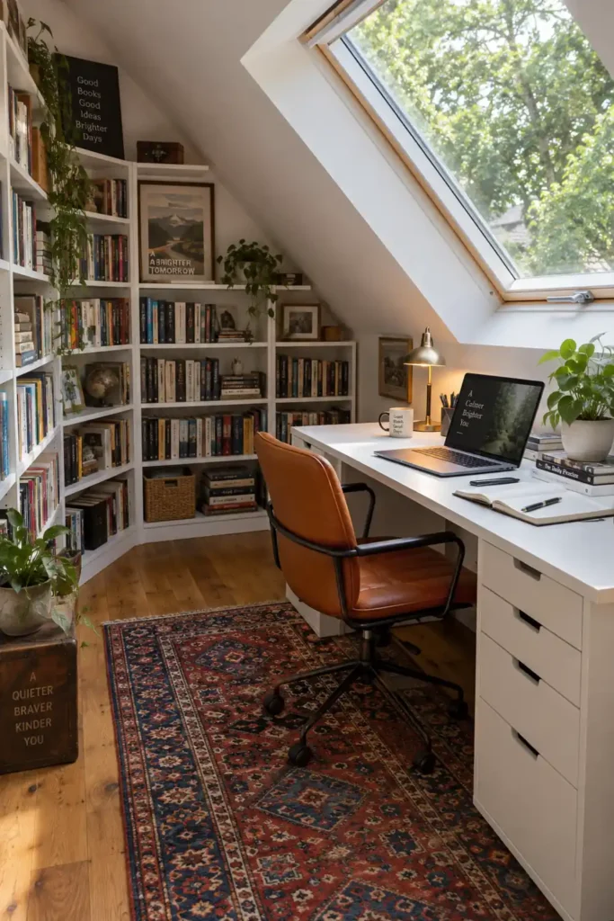 20 Cozy Book Nook Designs for Warm, Inviting Reading Spaces 15 Attic reading and workspace with a large skylight, white desk, orange-brown chair, book-filled shelves, potted plant, and patterned rug.