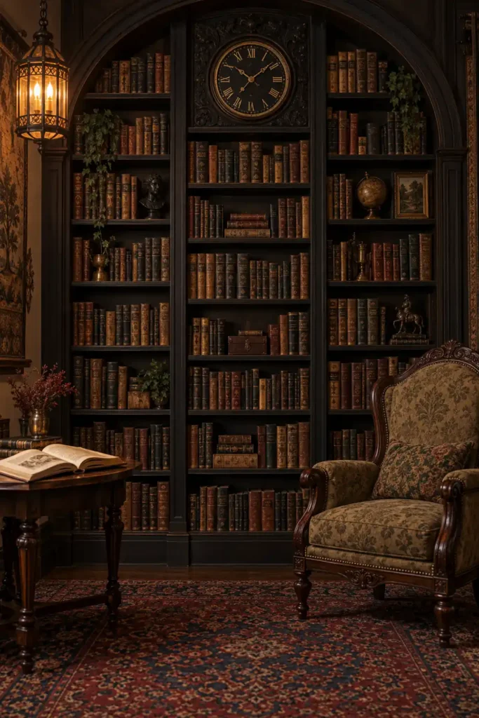20 Cozy Book Nook Designs for Warm, Inviting Reading Spaces 3 Dark academia reading nook with an arched dark wood bookcase, vintage books, ornate clock, carved armchair, open book, and warm lantern.