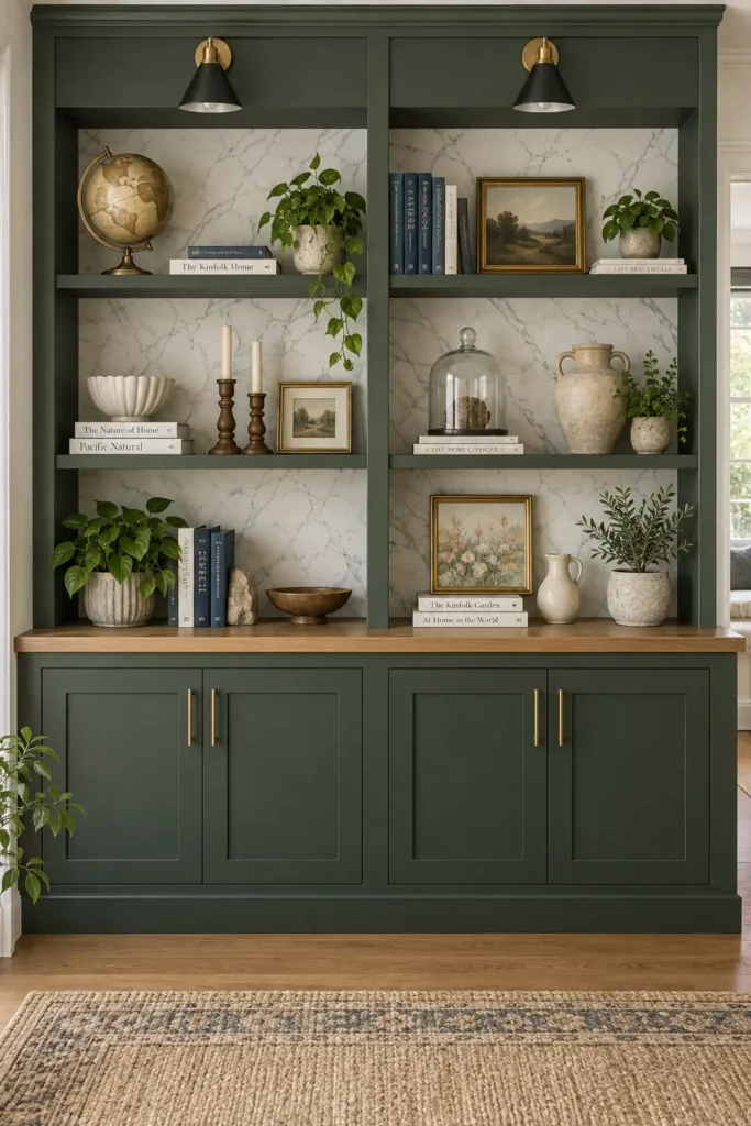 DIY Built-In Bookcases from Stock Cabinets: 8 Custom-Looking Ideas 7 Dark green office built-in with brass hardware, wood countertop, marble-pattern wallpaper, black sconces, books, plants, and decorative objects.